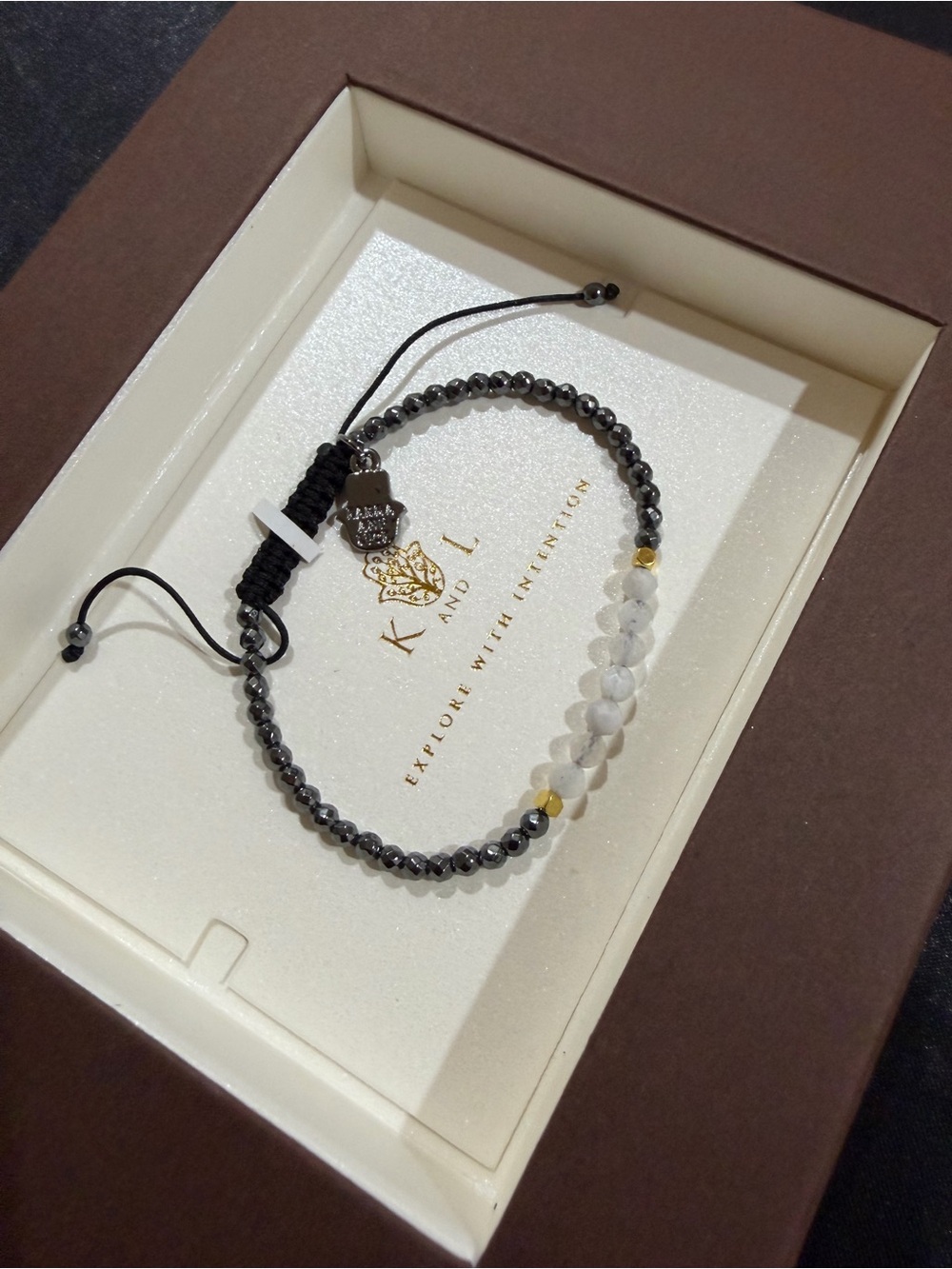 Hematite and Frosted White Bead Adjustable Bracelet